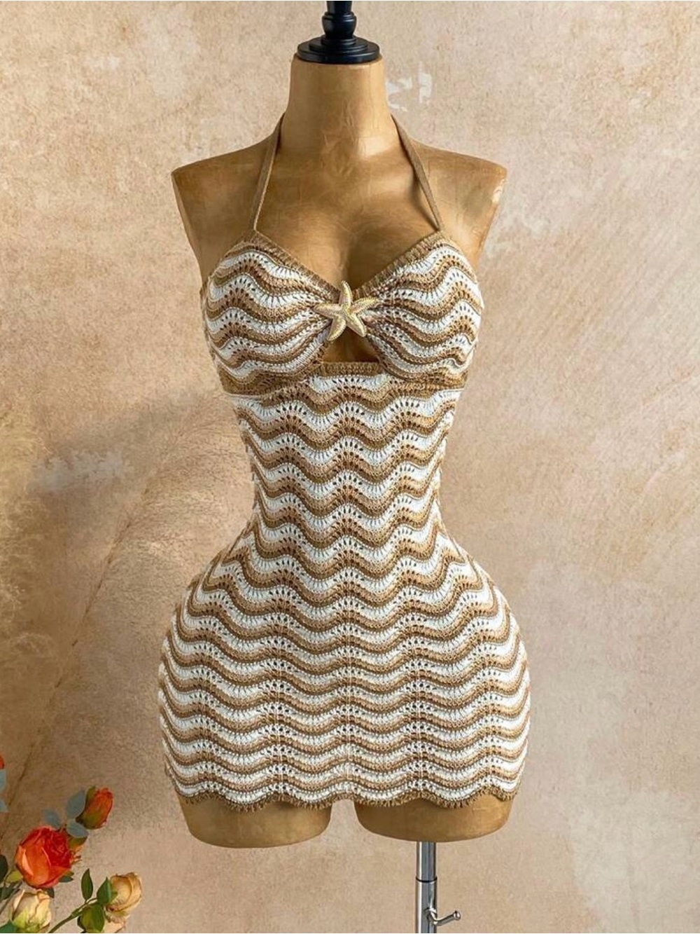 NWOT: White and Gold Crochet Halter Mini Dress